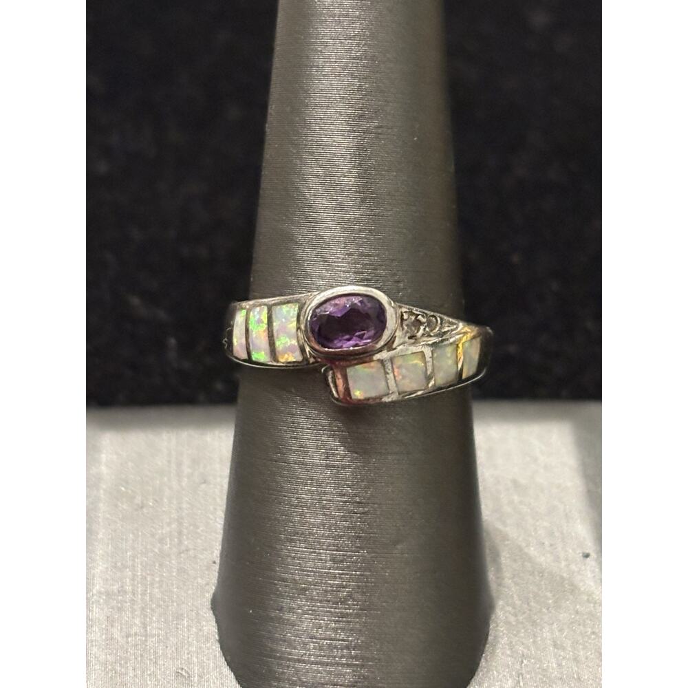 Sterling Silver AK Amethyst Opal Inlay Sz 8 Bypass Ring 925 Lab